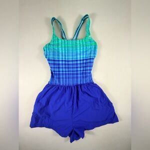 Vintage TYR Blue and Green Plaid Tank Swimdress with Royal Blue Skirt